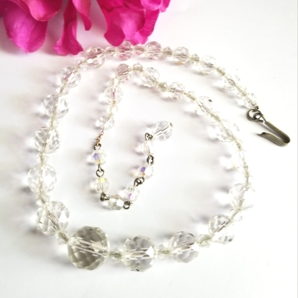 Vintage sparkly clear beads necklace choker art deco short adjustable